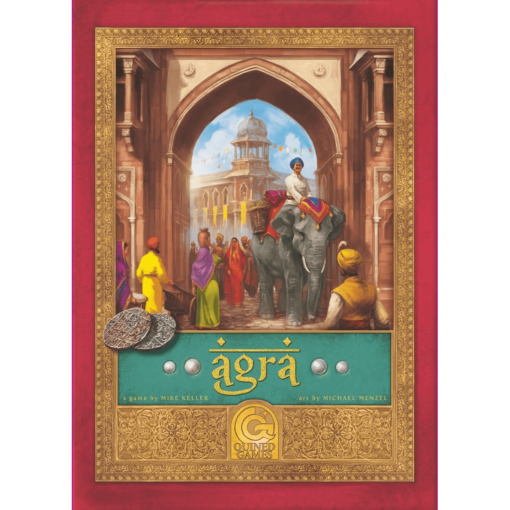 The board game Agra by Quined Games features a vibrant cover with a grand Mughal palace, ornate archway, people in traditional clothing, an elephant rider, and the title Agra adorned with silver coins and gold borders.