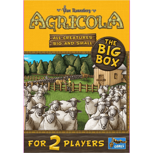 Box cover of Agricola: All Creatures Big and Small (The Big Box) by Lookout Games, a two-player board game with illustrated sheep, a wooden fence, horses, farmers, and bold yellow and brown title text.