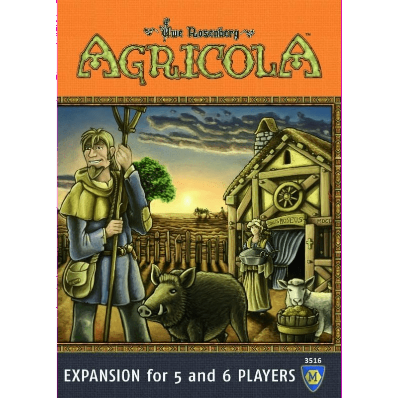 Cover of Agricola: Expansion for 5 and 6 Players by Mayfair Games, showing a farmer with pitchfork, a pig, farmhouse, and woman with basket. Text reads: Expansion for 5 and 6 players and Uwe Rosenberg.