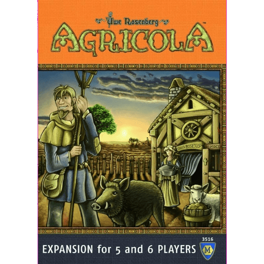 Cover of Agricola: Expansion for 5 and 6 Players by Mayfair Games, showing a farmer with pitchfork, a pig, farmhouse, and woman with basket. Text reads: Expansion for 5 and 6 players and Uwe Rosenberg.