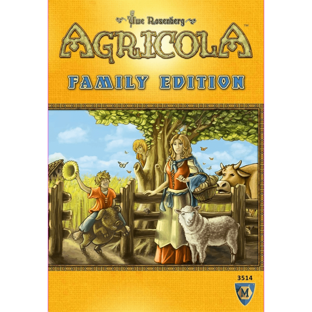 Cover of Agricola: Family Edition by Lookout Games shows a farm scene with a woman, boy feeding animals, cows, sheep, chickens, and a tree under a blue sky bordered in bright yellow.