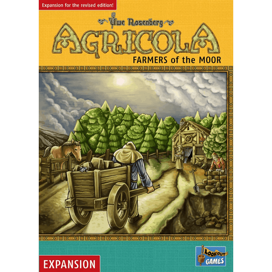 Cover art for Agricola: Farmers of the Moor Expansion for the Revised Edition by Lookout Games shows a farmer with a cart, horse, well, and wooden buildings amid trees under clouds, all framed by Agricola expansion details.