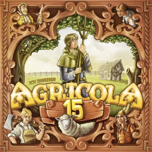 The Agricola: The 15th Anniversary Box by Lookout Games features a cover with a farmer, sheep, house, and four others framed in wood. Its bold title marks this special edition of the beloved board game.