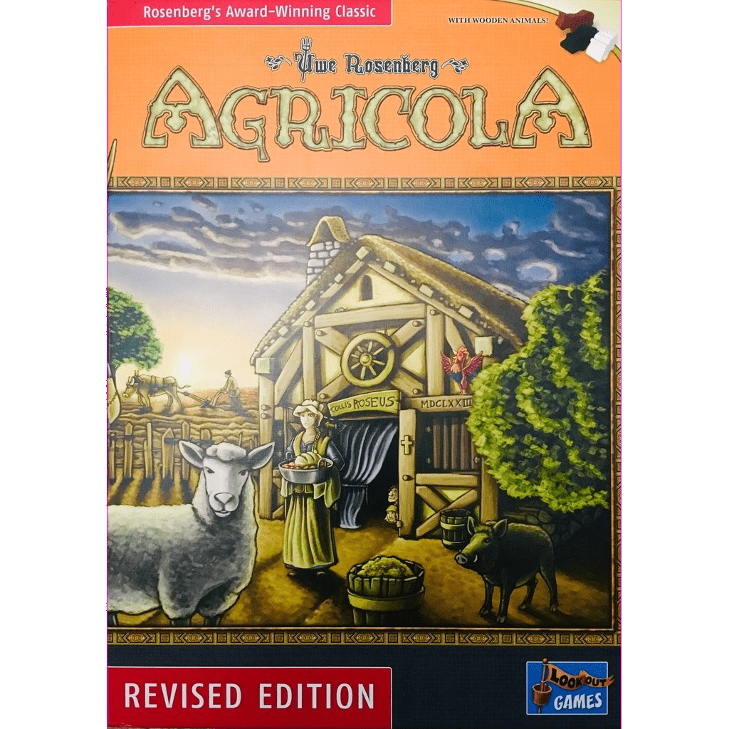 Cover of Agricola (Revised Edition) by Lookout Games shows a farm scene with a woman, animals, and a wooden barn, all framed by a decorative title banner and brand logos.