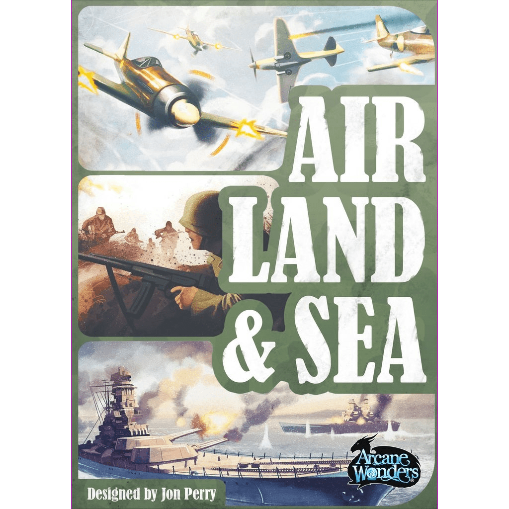 Cover for Air, Land, & Sea by Arcane Wonders features bold white title text and images of fighter planes, soldiers, and warships. The Arcane Wonders logo appears at the bottom right.