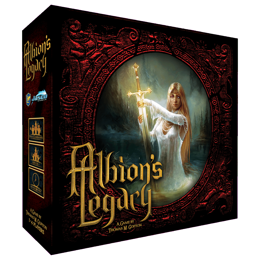 The box cover of Albion's Legacy by Jasco Games shows a woman in white holding a glowing sword above water, set against ornate red designs and mystical symbols, with the game title in bold golden letters.