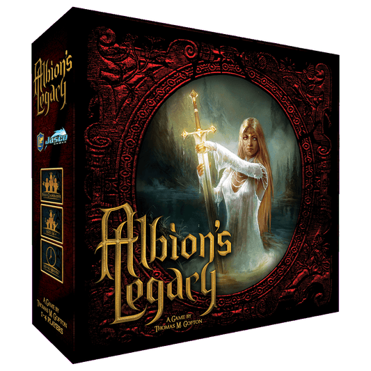 The box cover of Albion's Legacy by Jasco Games shows a woman in white holding a glowing sword above water, set against ornate red designs and mystical symbols, with the game title in bold golden letters.