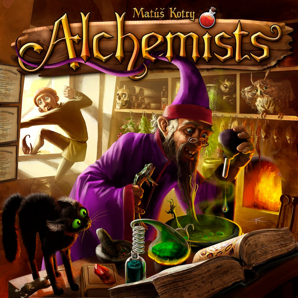 A bearded alchemist in a purple robe mixes a glowing green potion in his lab, inspired by Alchemists from Czech Games Edition (CGE). Surrounded by books, bottles, and a black cat, another person watches nervously at the door among oddities.