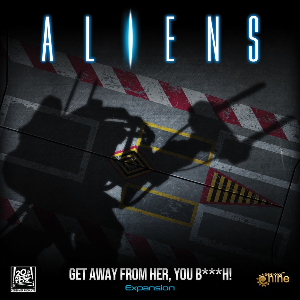 A dramatic shadow of a woman with a weapon and an alien is cast on a hazard-striped floor, evoking "Aliens: Get Away From Her, You B***h!"—a co-op survival board game by Gale Force Nine set in an alien hive. Title and phrase appear above/below.