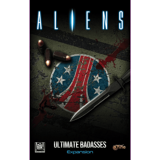 Cover of Gale Force Nine's Aliens: Ultimate Badasses shows three bullets and a knife on a scratched, blood-stained patch, symbolizing co-op survival against xenomorphs. The glowing blue ALIENS title stands out at the top.