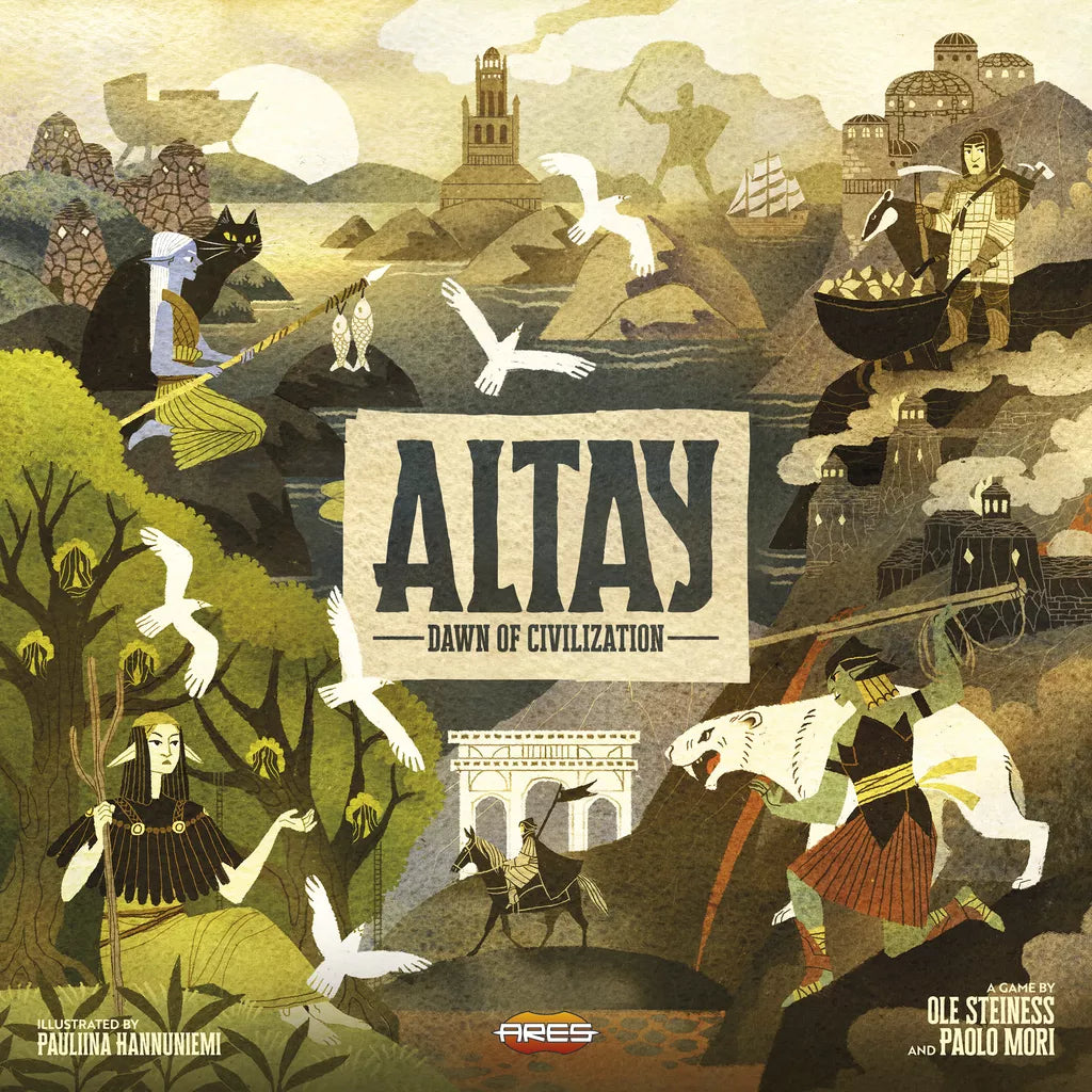 The cover art for Altay: Dawn of Civilization by Ares Games shows ancient civilizations with people farming, writing, building, and trading among animals, birds, and grand structures. The title is centered amidst this vibrant development scene.