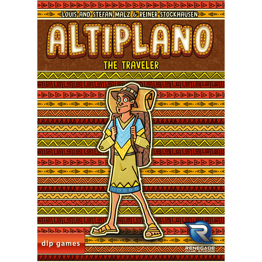 Vibrant illustrated cover for DLP Games’ Altiplano: The Traveler Expansion, featuring a smiling traveler in traditional dress with a backpack and a colorful South American highland-inspired background.