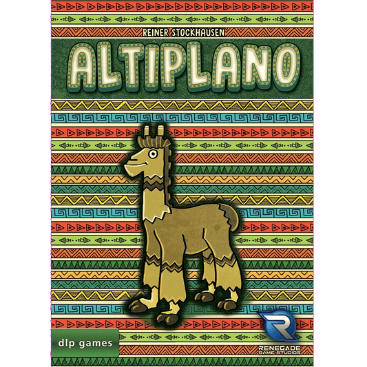 The Altiplano board game by DLP Games comes in a colorful box with a cartoon llama and bright red, green, and yellow geometric patterns. The title "Altiplano" is displayed prominently at the top in bold lettering.