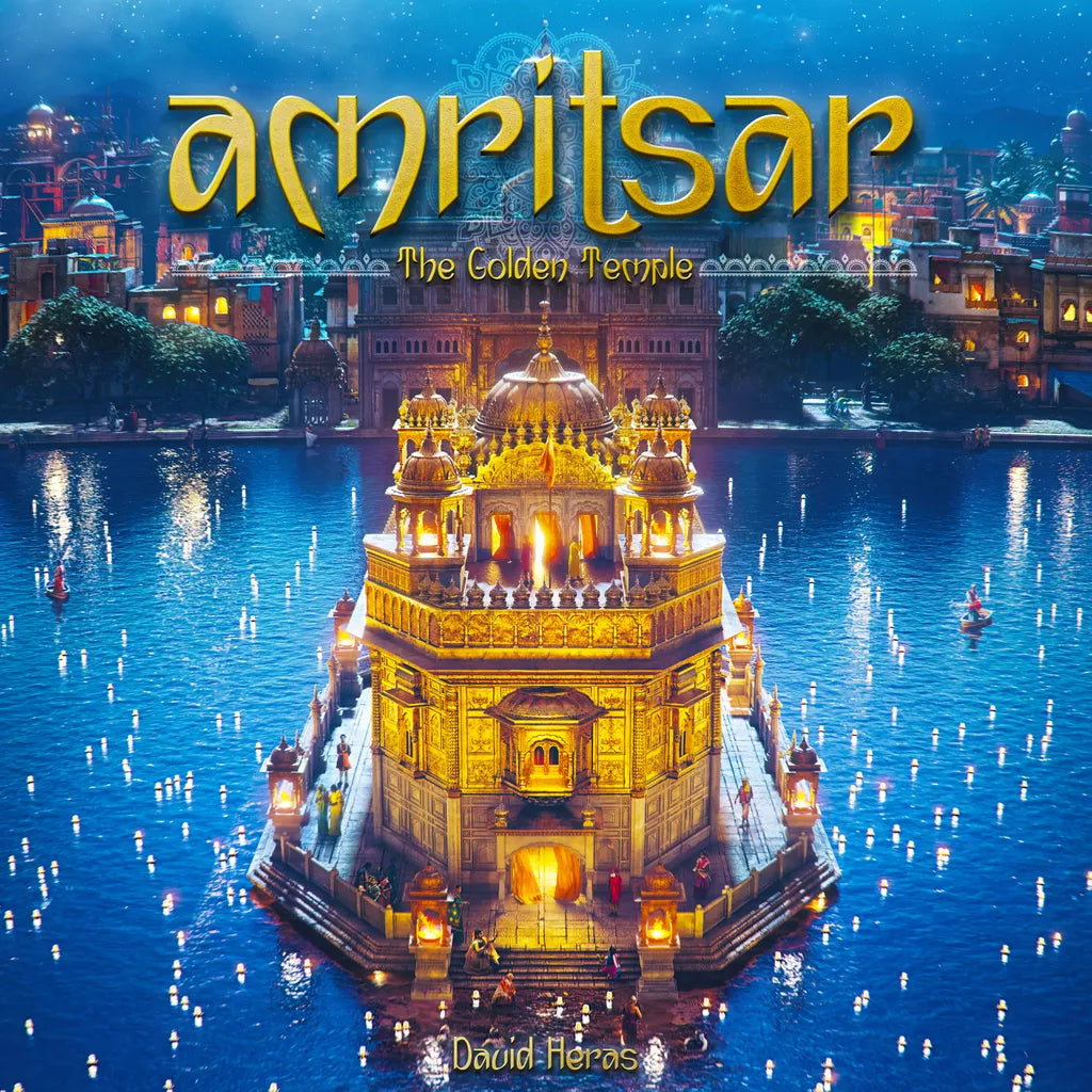 A glowing Golden Temple stands in a lake at night, surrounded by illuminated buildings. “Amritsar: The Golden Temple” is at the top, with “ludonova” and hints of Sikh pilgrimage at the bottom.