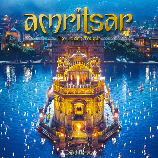 A glowing Golden Temple stands in a lake at night, surrounded by illuminated buildings. “Amritsar: The Golden Temple” is at the top, with “ludonova” and hints of Sikh pilgrimage at the bottom.