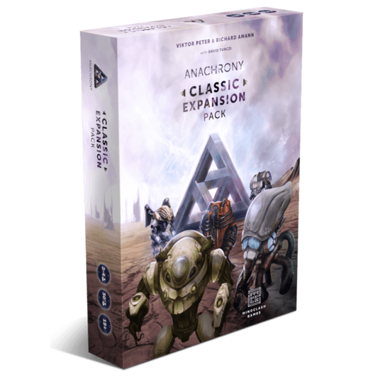 A box for Mindclash Games' Anachrony: Classic Expansion Pack, featuring futuristic armored figures, Guardian Exosuit miniatures in a sci-fi setting, and a geometric triangular logo in the background.