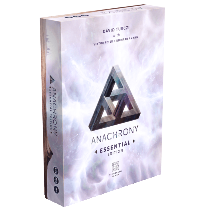 Anachrony: Essential Edition by Mindclash Games is a 2-4 player board game featuring a metallic triangular logo on a white background with purple and blue accents.