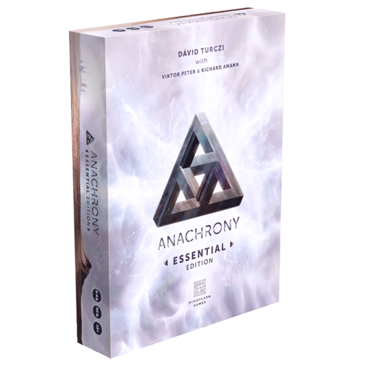 Anachrony: Essential Edition by Mindclash Games is a 2-4 player board game featuring a metallic triangular logo on a white background with purple and blue accents.