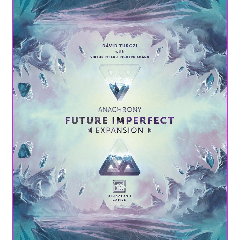 Futuristic, abstract art with glowing geometric shapes frames the text “Anachrony: Future Imperfect.” Designer names and the Mindclash Games logo are also displayed on the cover.