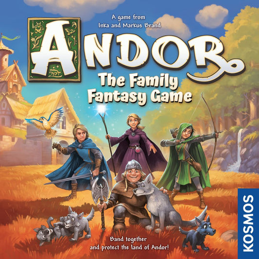 The cover art for Andor: The Family Fantasy Game by Kosmos features three adventurers with a wolf and bird in a fantasy landscape, including a village and castle, with the Kosmos logo displayed on the side.