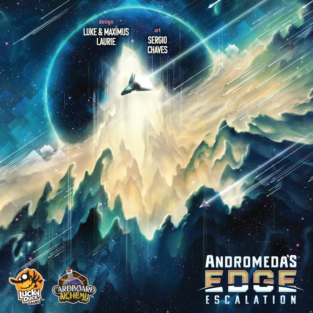 A spaceship flies above a luminous alien terrain with a massive planet behind it. The Cardboard Alchemy logo and Andromeda's Edge: Supernova Component Upgrade Kit deluxe board game components are featured.