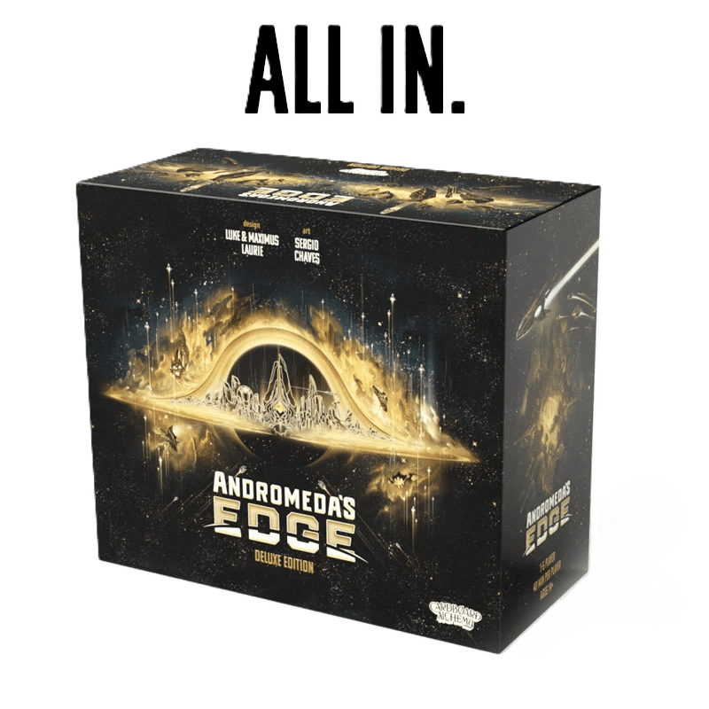 A black box of Cardboard Alchemy's Andromeda's Edge (Gamefound All-in Pledge) board game features a golden futuristic space station. Bold black "ALL IN" text above the box highlights the Gamefound All-in Pledge.