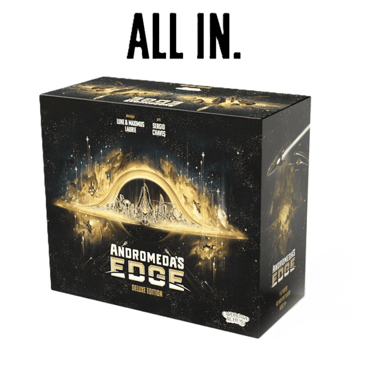 A black box of Cardboard Alchemy's Andromeda's Edge (Gamefound All-in Pledge) board game features a golden futuristic space station. Bold black "ALL IN" text above the box highlights the Gamefound All-in Pledge.