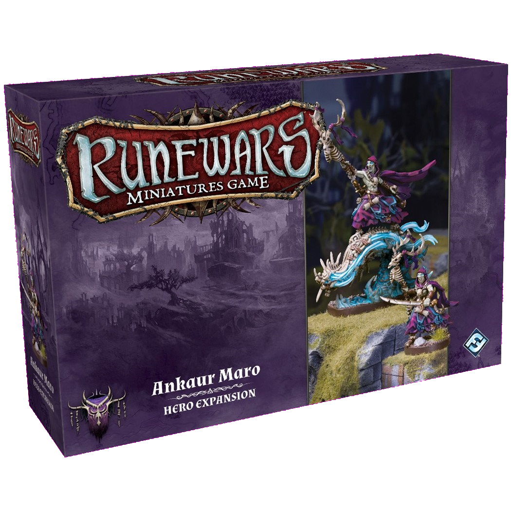 Box for RuneWars Ankaur Maro Hero Expansion by Fantasy Flight Games, featuring painted fantasy miniatures channeling dark magic before a purple background, with the game title and Waiqar the Undying branding.