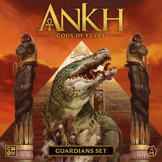 Box cover art for Cool Mini Or Not’s Ankh: Gods of Egypt Guardians Set Expansion showcases a giant crocodile with skulls at its feet, flanked by two animal-headed statues and a pyramid under a fiery orange sky.