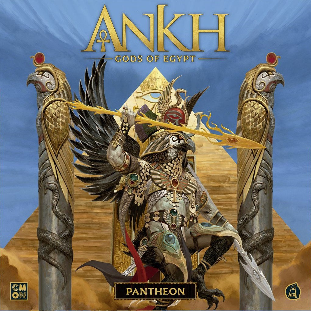 A falcon-headed, armored Egyptian god stands before a pyramid holding a golden staff, flanked by two ornate falcon statues. The text reads: Ankh: Gods of Egypt Pantheon Expansion by Cool Mini Or Not. Unleash divine power!.