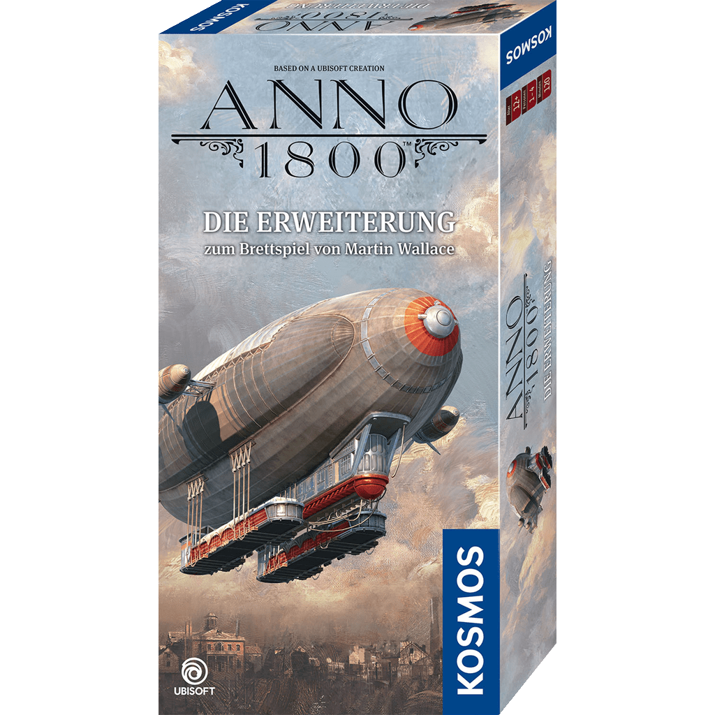 Box of Anno 1800 Erweiterung DE by Kosmos, showing a large airship over a city—ideal for fans of industrial-themed Brettspiele and Kennerspiele.