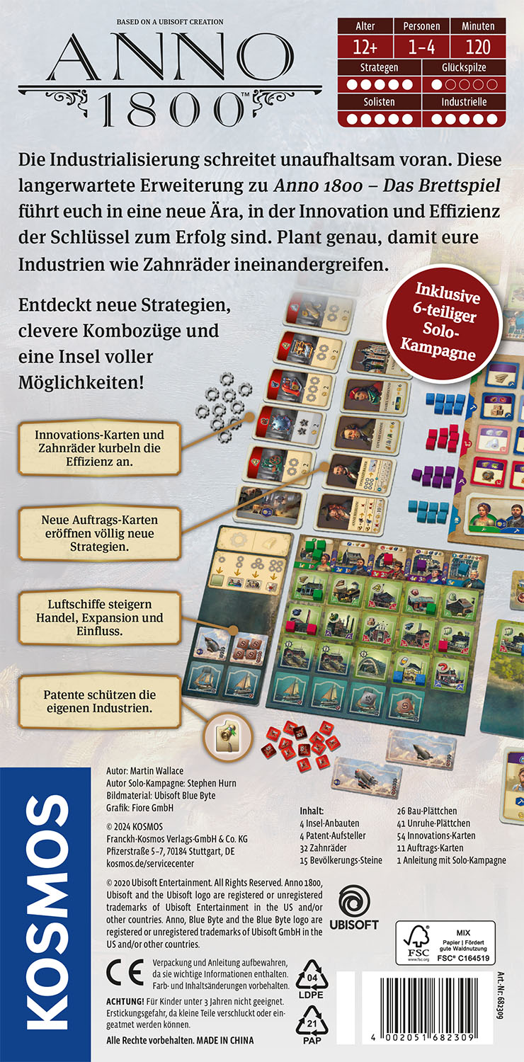 Back cover of Anno 1800 Erweiterung DE by Kosmos, with German text, game info, images of Industrialisierung Brettspiel components, setup illustration, and a red label highlighting the 6-part solo campaign.