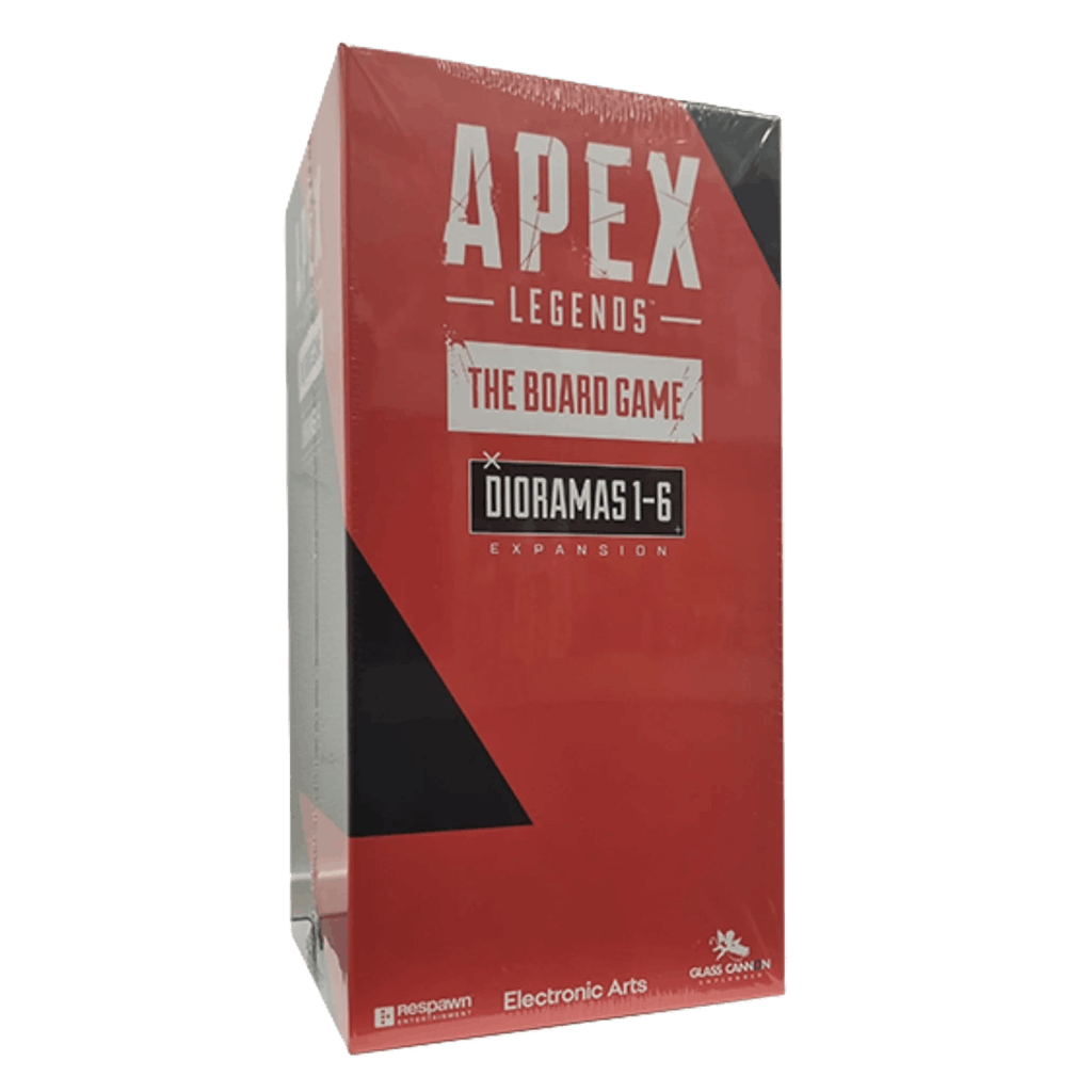 A red rectangular box for the Apex Legends: The Board Game – Dioramas 1-6 Expansion by Glass Cannon Unplugged, with white and black text, Respawn and EA logos, Legend cardholders, and shrink-wrapped packaging.