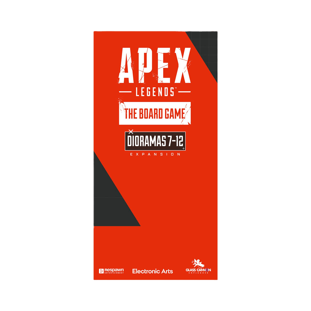 A red rectangular box for Apex Legends: The Board Game Bundle by Glass Cannon Unplugged, featuring bold white and black text plus logos for EA and Respawn in this dynamic miniatures game expansion.