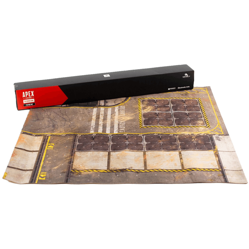 The Apex Legends: The Board Game – Playmat by Glass Cannon Unplugged features an industrial neoprene design with metal plates, yellow hazard lines, worn textures, and comes beside its black and red APEX-branded rectangular packaging.
