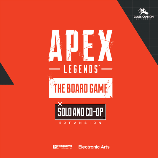 A red graphic features white text: Apex Legends: The Board Game – Solo and Co-op Expansion. Now includes a solo mode. Glass Cannon Unplugged, Respawn Entertainment, and Electronic Arts logos are displayed in the corners.