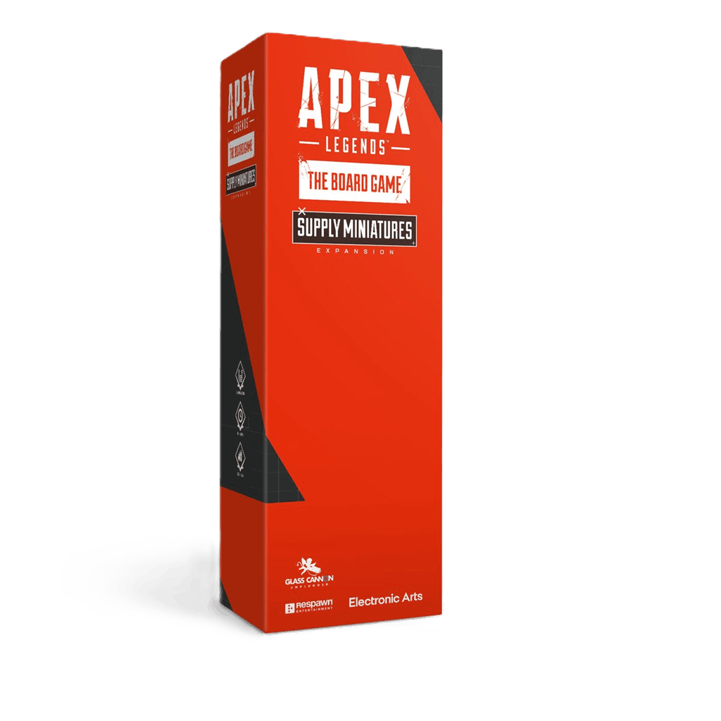 A tall, rectangular red box with the “Apex Legends: The Board Game Bundle” logo—ideal for enhancing your Apex Legends experience—with branding from Glass Cannon Unplugged.