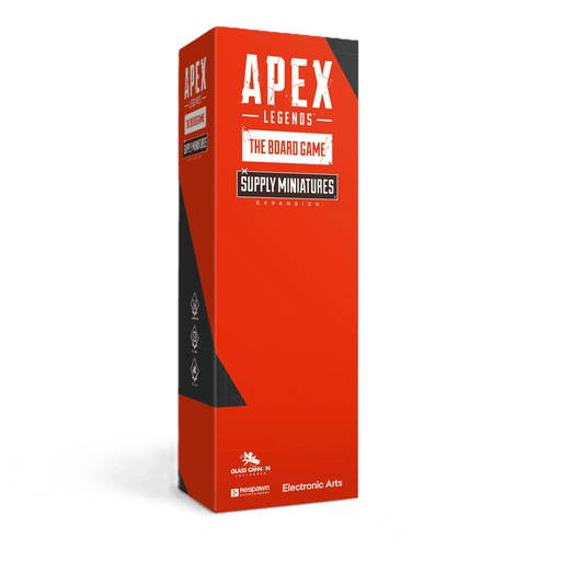 A tall red rectangular box displays "Apex Legends: The Board Game – Supply Miniatures Expansion" and 3D game pieces, with the Glass Cannon Unplugged logo at the bottom.