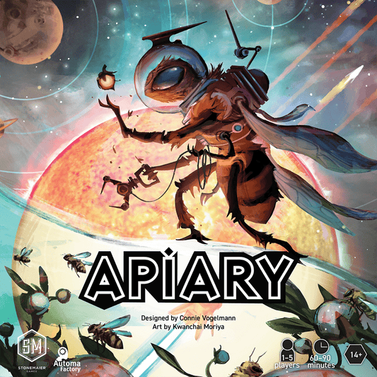 A giant humanoid bee in a space suit floats before a glowing planet with bee ships, set in space. "Apiary" appears boldly below, highlighting the thrilling worker-placement game from Stonemaier Games.