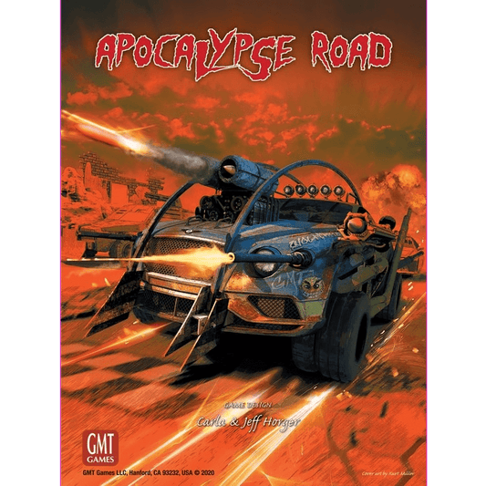 The cover art of Apocalypse Road by GMT Games features an armored, weaponized car racing down a fiery, debris-strewn road in a vivid orange post-apocalyptic world, capturing the explosive chaos and destruction of apocalyptic auto racing.
