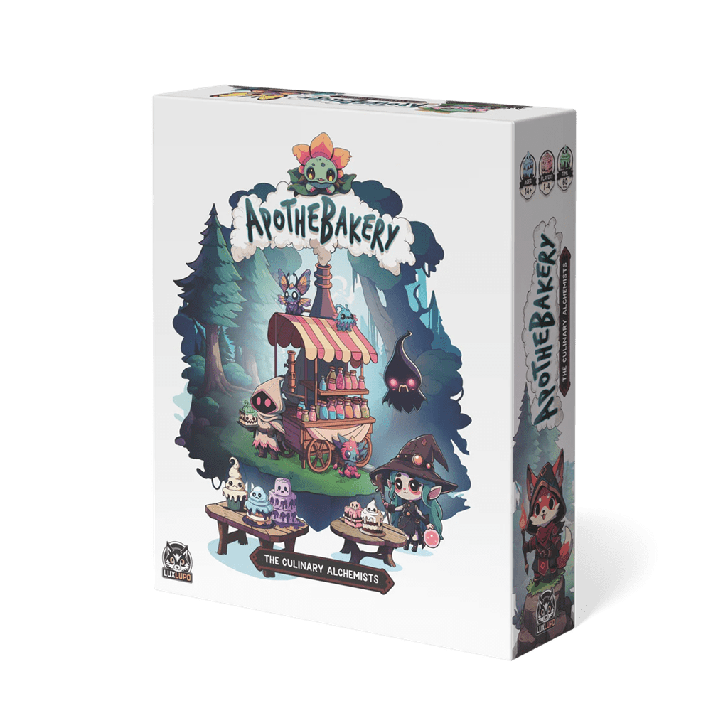 The Lux Lupo Apothebakery Bundle box shows whimsical bakers and magical creatures with desserts near a colorful bakery cart in a forest, where each culinary alchemist creates magical elixirs.