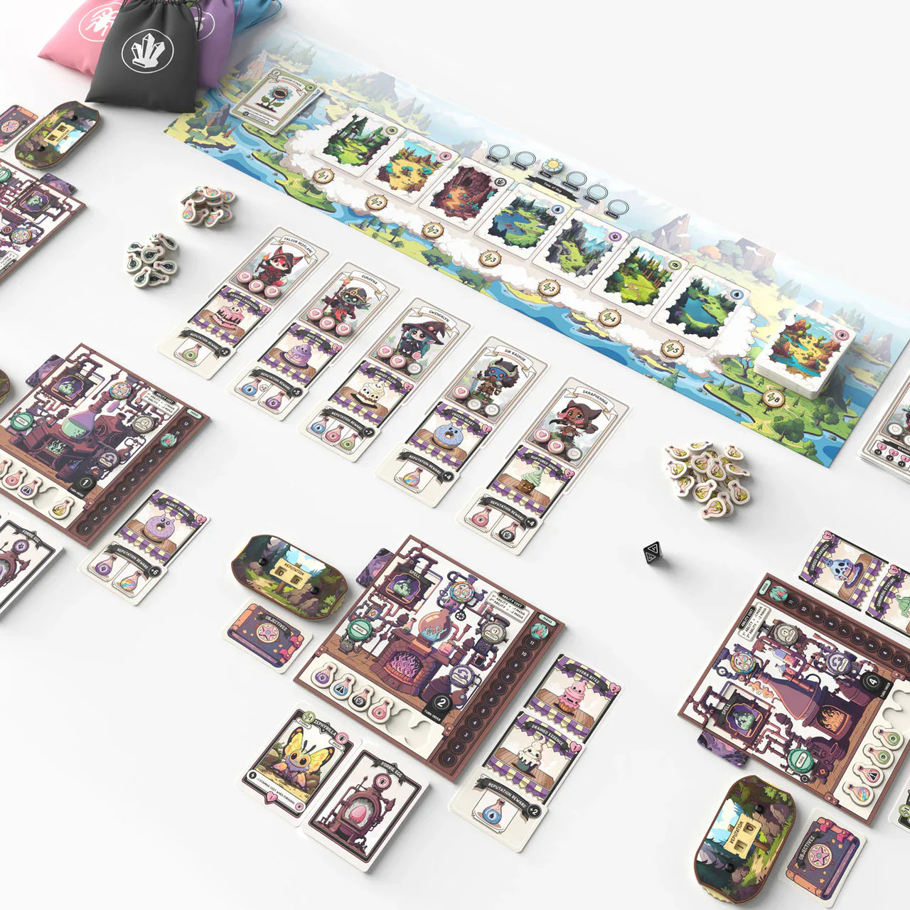 The Lux Lupo Apothebakery Bundle displays illustrated cards, tokens, dice, and player boards with fantasy artwork and magical elixirs—perfect for aspiring culinary alchemists.