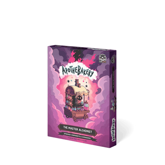 The Lux Lupo “Apothebakery: The Master Alchemist Expansion” game box shows a cartoon alchemist's wagon with potions on a whimsical pink-purple smoky background, highlighting upgraded tokens and expansion details at the bottom.
