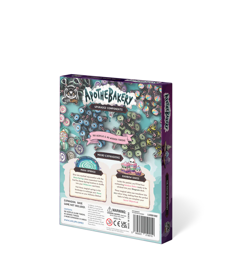 Back of a colorful Lux Lupo Apothebakery Bundle box, featuring whimsical designs, upgraded components, mini expansions, and warning labels. Pastel swirls and magical elements hint at the culinary alchemist’s quest to craft magical elixirs.