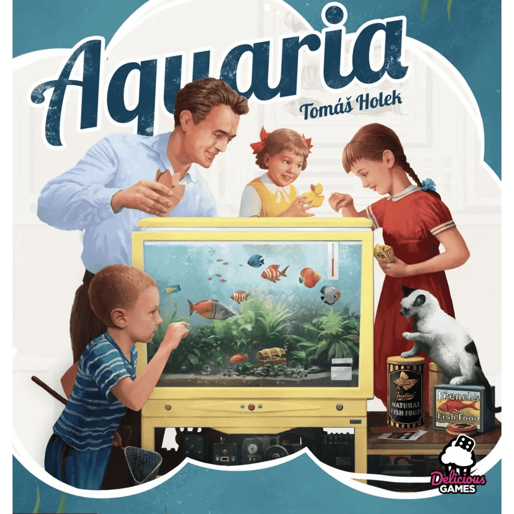A man and three children watch colorful fish in an aquarium while a curious cat paws at fish food on a table. "Aquaria" and Delicious Games are displayed at the top, highlighting this unique aquarium board game.