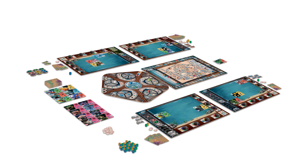 Aquaria by Delicious Games is set up on a white background, featuring four colorful player boards, tokens, dice, cards, and central game boards with underwater and mechanical themes.