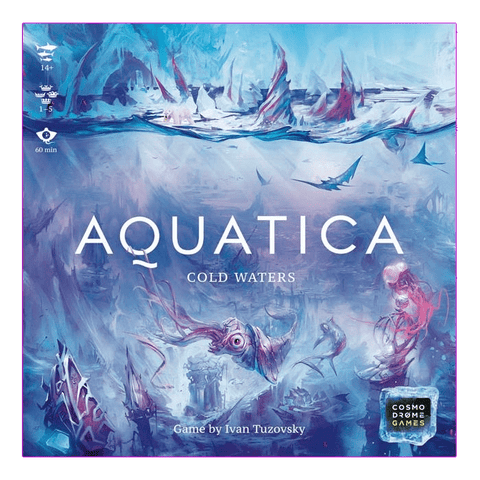 The Aquatica Bundle board game cover by Cosmodrome Games showcases an underwater world with sea creatures, ruins, and sharks in blue and purple hues, evoking the mystery of aquatic kingdoms.