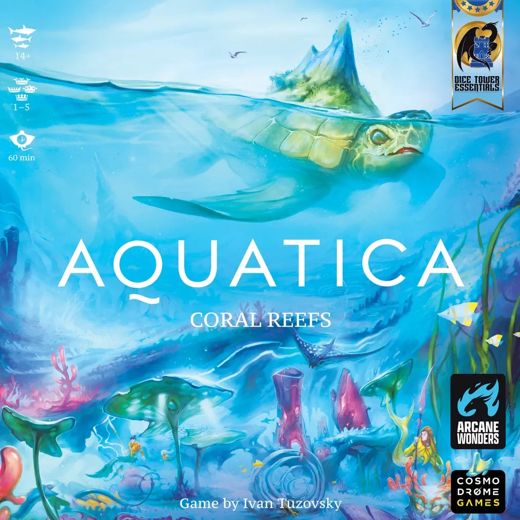 The “Aquatica: Coral Reefs Expansion” by Arcane Wonders features a vibrant underwater cover with a large sea turtle, coral reefs, fish, and plants. Dive into this engine-building strategy game with fascinating ocean creatures!.