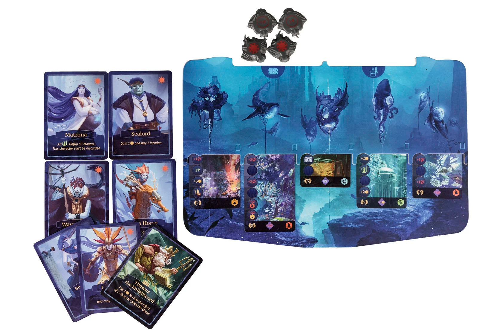 Aquatica EN/DE by Cosmodrome Games is a family engine-building ocean board game with illustrated character cards, a blue underwater kingdom board, card slots, and four small black plastic tokens with red markings.