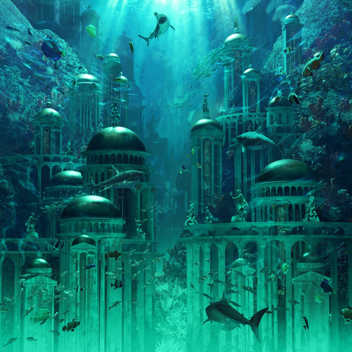 Experience the wonder of Aquatica EN/DE by Cosmodrome Games—a vibrant underwater city with domed buildings and sea life, illuminated by sunlight. Perfect for fans of ocean board games and lovers of underwater kingdoms.
